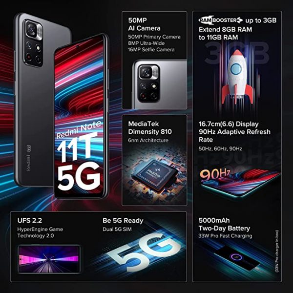 Redmi Note 11T 5G (Matte Black, 6GB RAM, 64GB Storage)| Dimensity 810 5G - Image 2